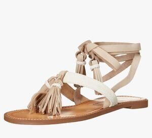 Chinese Laundry Boho Cream Leather Giordana Lace Up Flat Sandal Size 6.5 Tassels